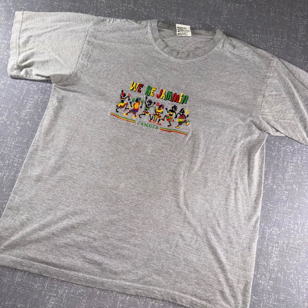 Vintage Jamaica We Be Jammin Embroidered Rasta Reggae Graphic Tee XL Gray